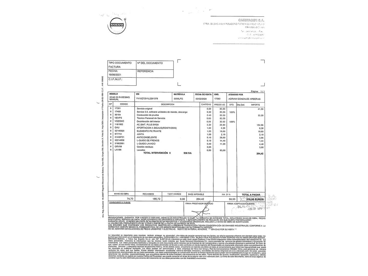 Foto del mantenimiento del Volvo XC40 Volvo XC40 D3 R-Design (150 CV)