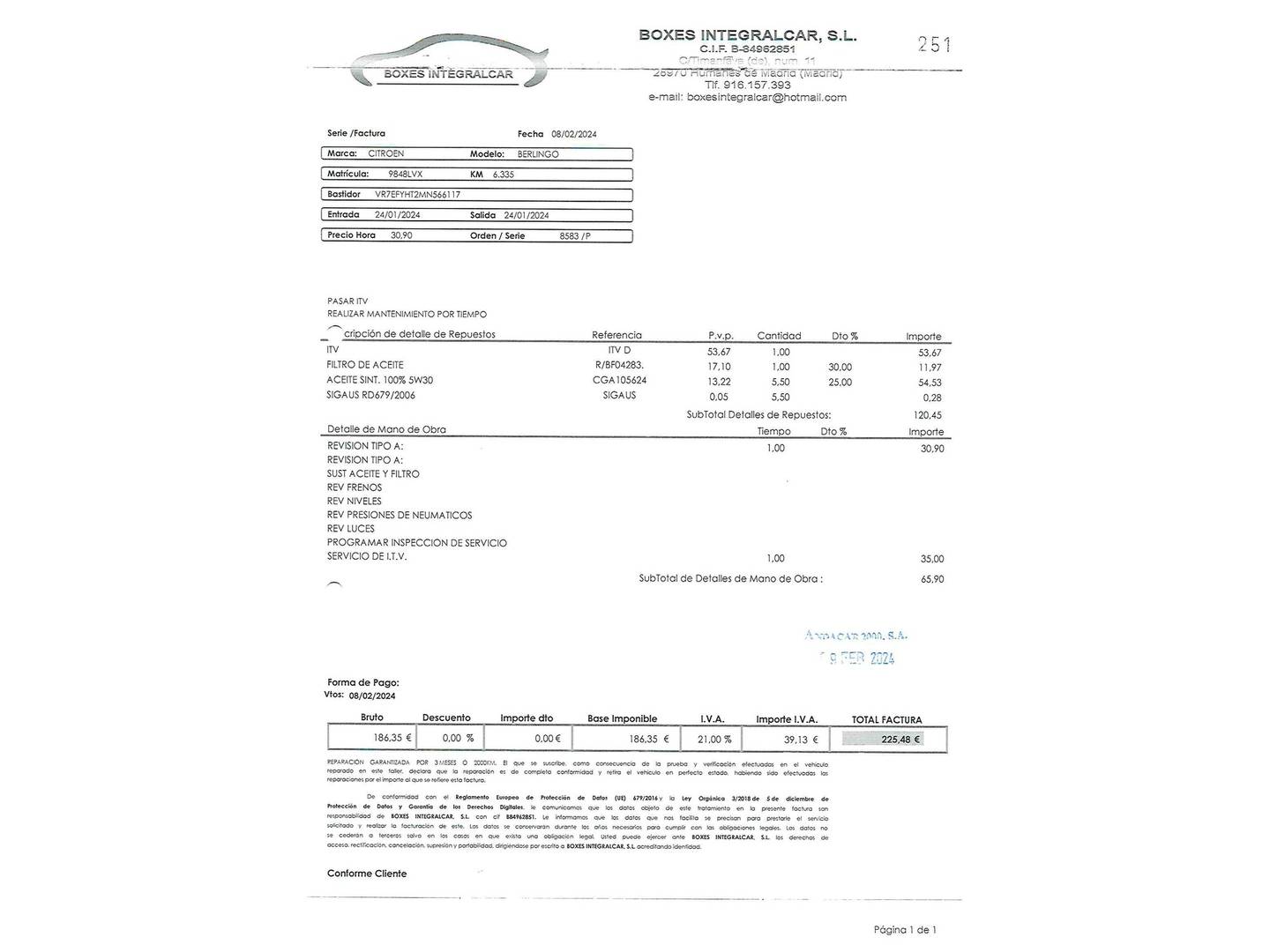 Foto del mantenimiento del Citroën Berlingo Citroen Berlingo Furgon BlueHDi 100 Talla M Control (102 CV)