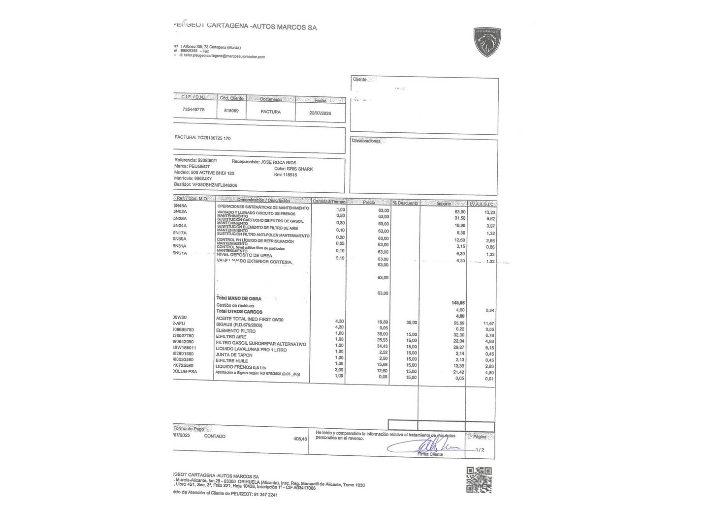 Foto del mantenimiento del Peugeot 508 Peugeot 508 1.6 BlueHDI Active (120 CV)