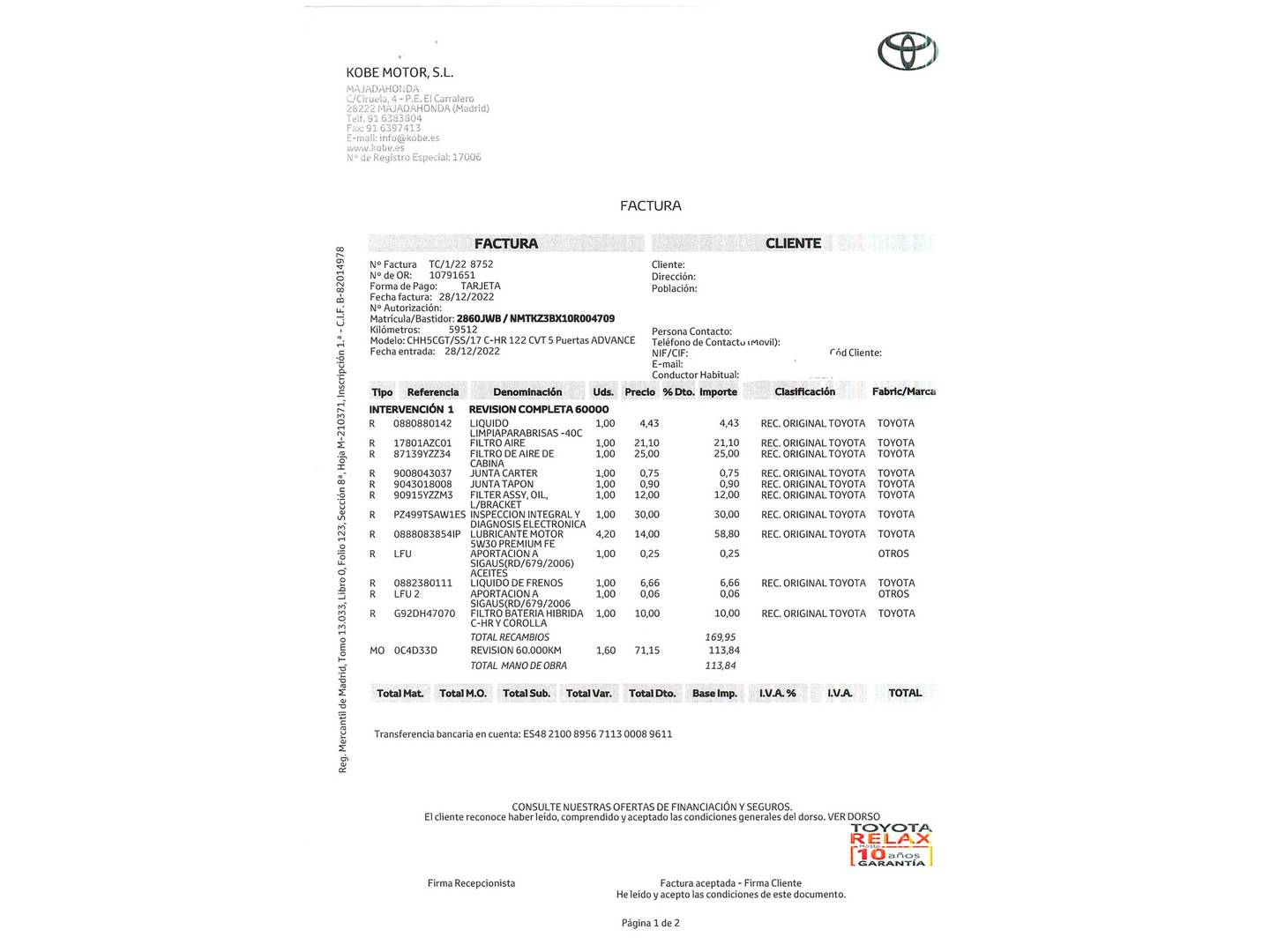 Foto del mantenimiento del Toyota C-HR Toyota C-HR 1.8 125H Advance (122 CV)