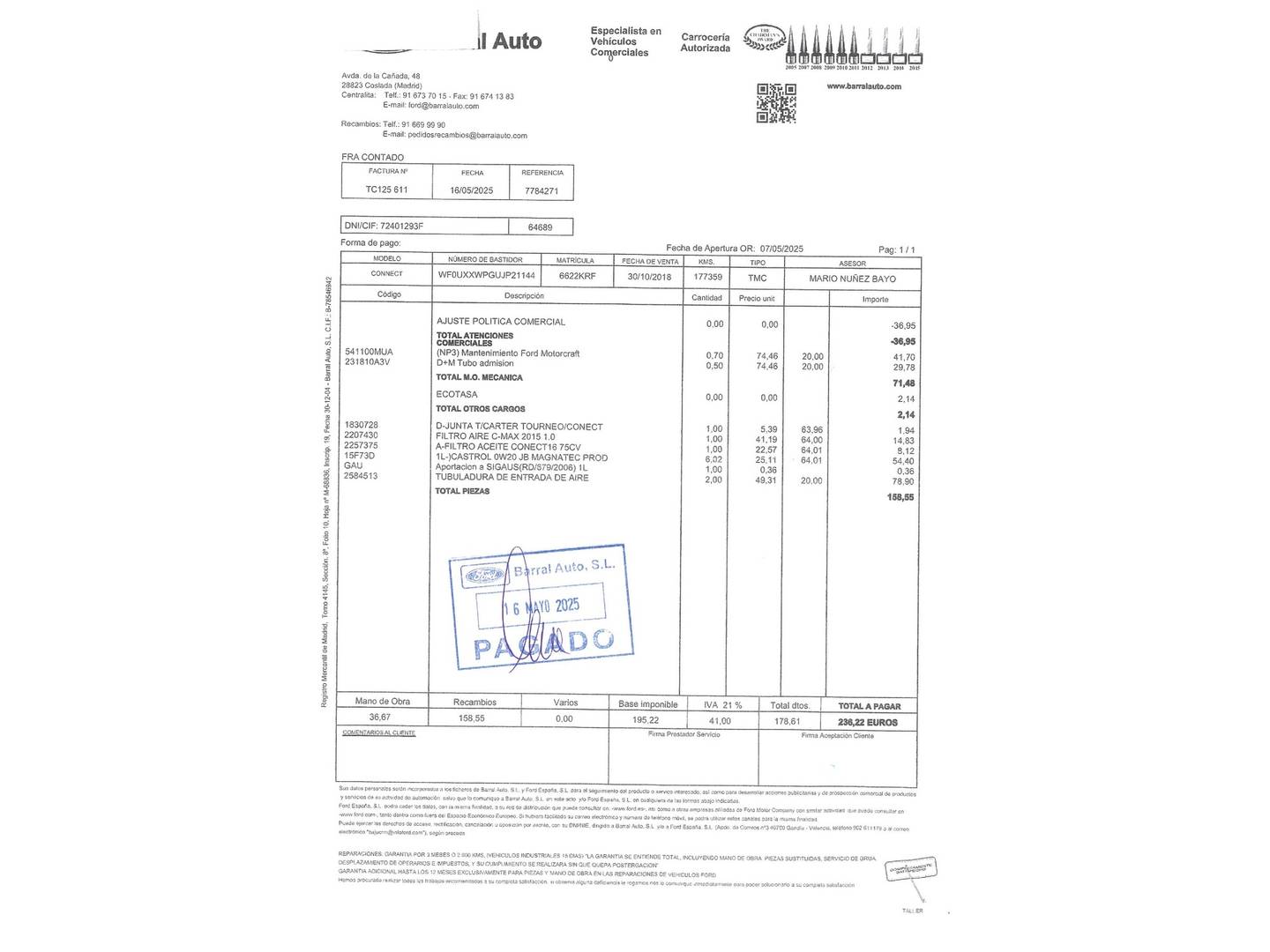 Foto del mantenimiento del Ford Grand Tourneo Connect Ford Grand Tourneo Connect 1.5 TDCi Titanium (120 CV) 7 Plazas
