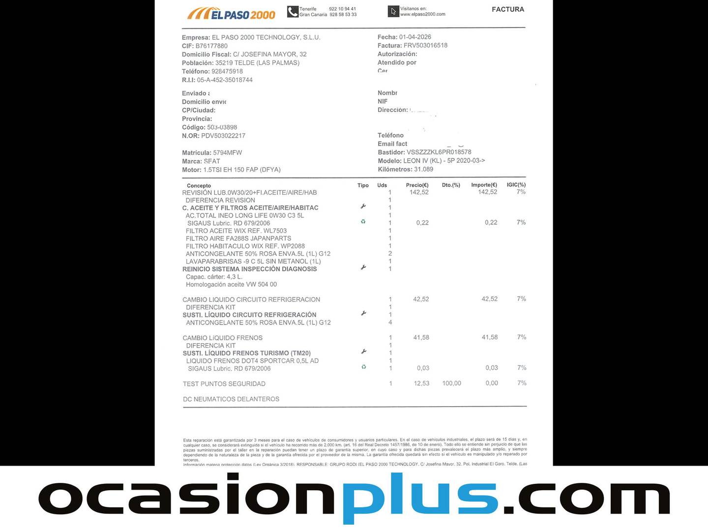Foto del certificado del Cupra León Cupra León 1.5 eTSI DSG (150 CV)