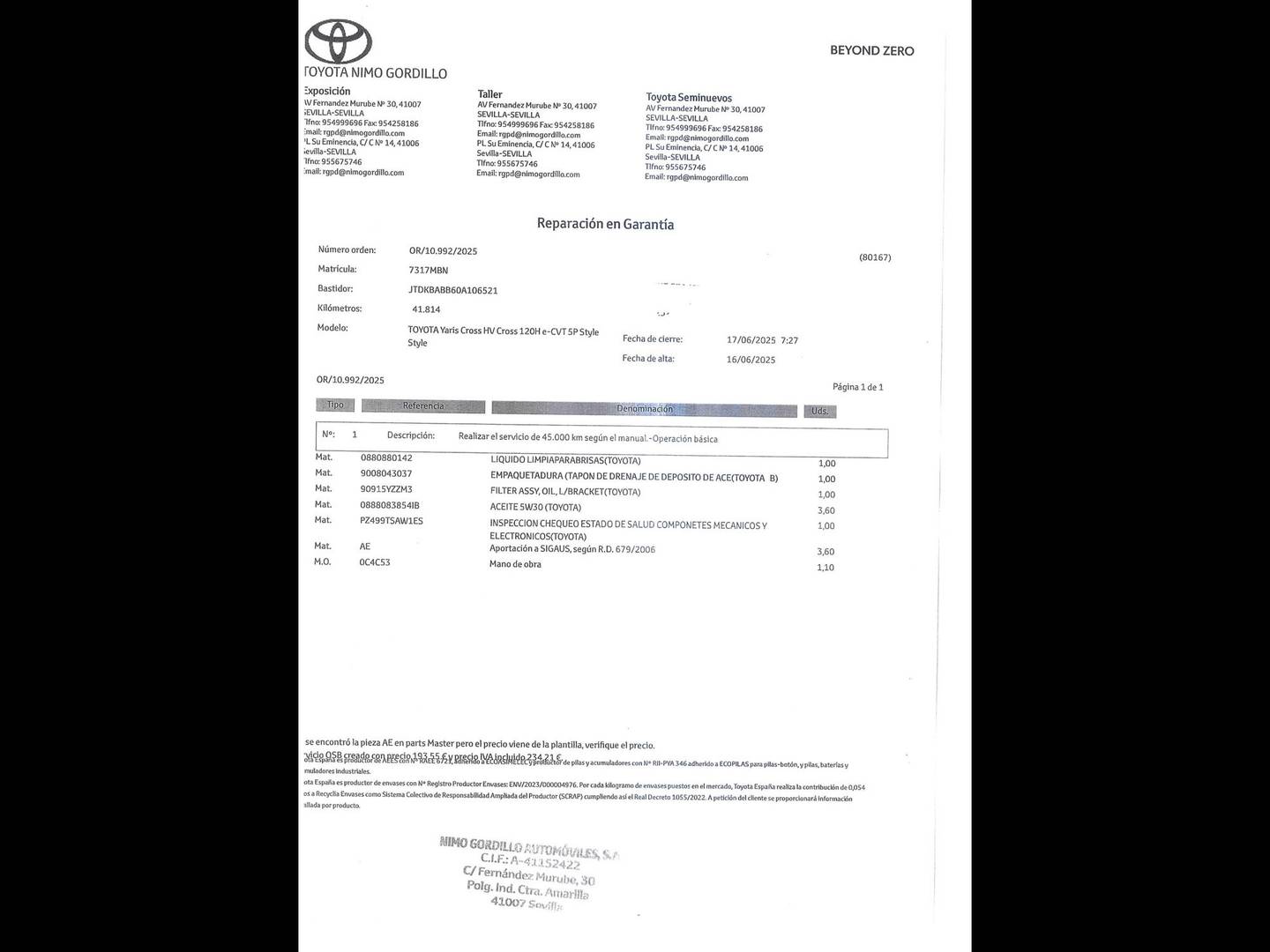 Foto del mantenimiento del Toyota Yaris Cross Toyota Yaris Cross 120H Style Plus (116 CV)