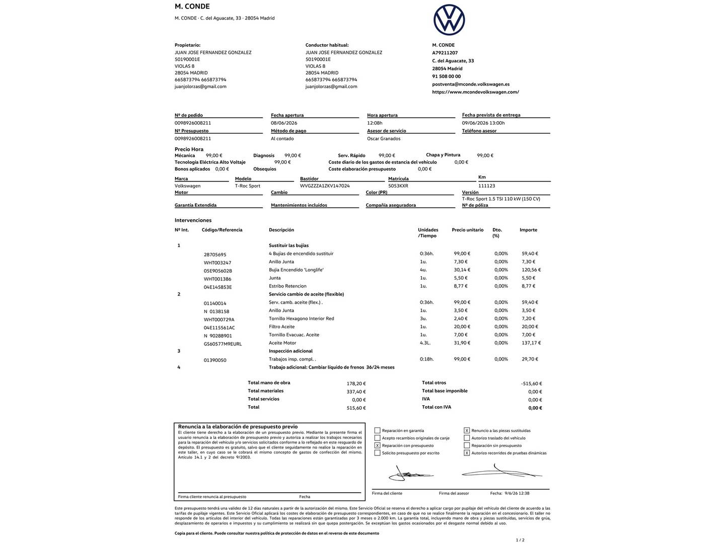 Foto del mantenimiento del Volkswagen T-Roc Volkswagen T-Roc Sport 1.5 TSI (150 CV) DSG