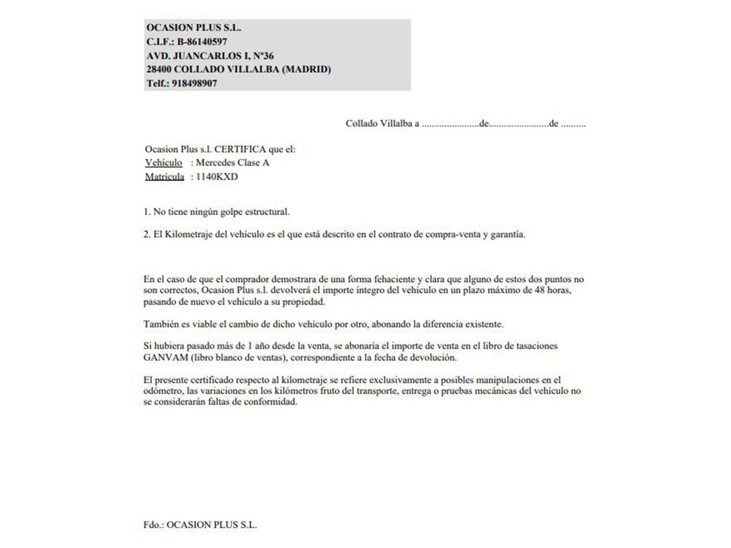 Foto del certificado del Mercedes Clase A Mercedes Clase A 180 d (116 CV) Pack AMG