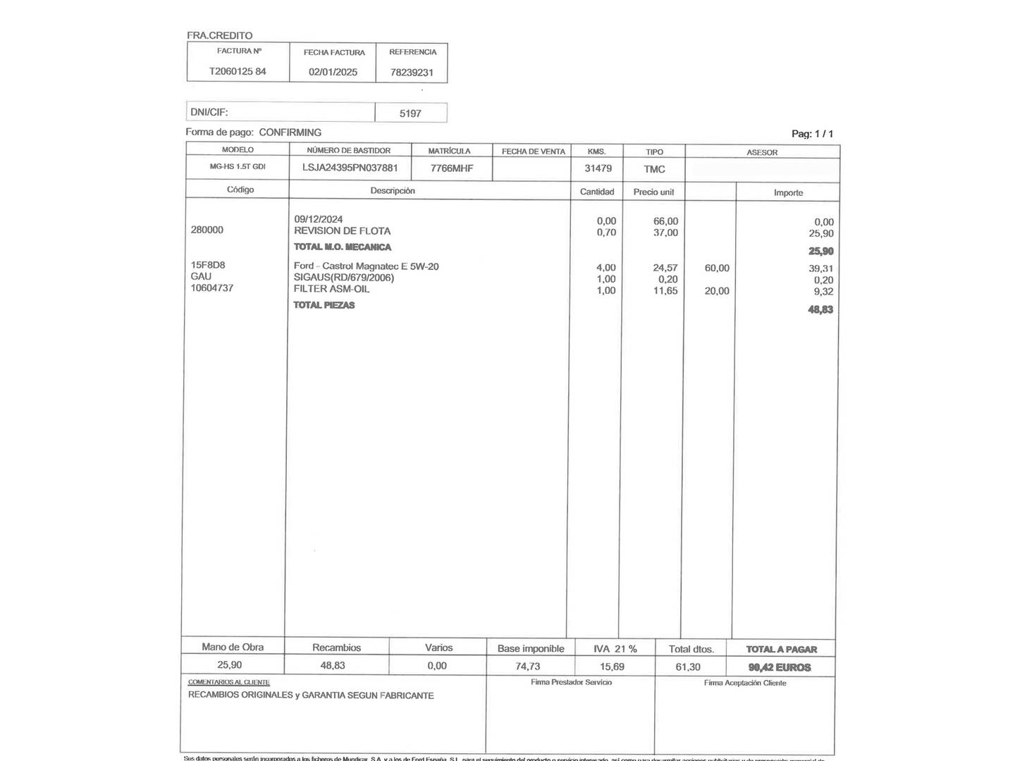 Foto del mantenimiento del MG eHS MG eHS 1.5 T-GDI PHEV Luxury (258 CV)