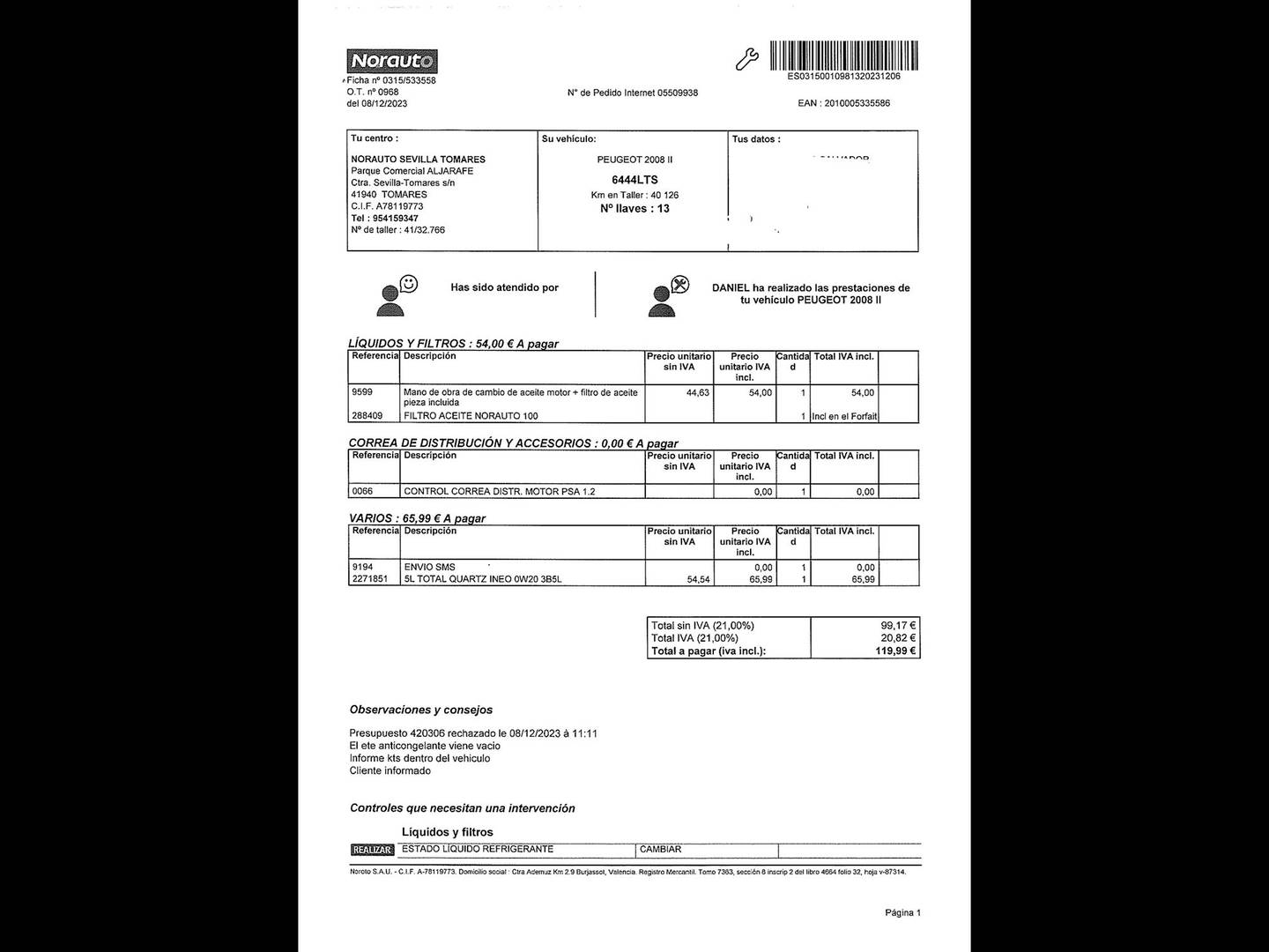 Foto del mantenimiento del Peugeot 2008 Peugeot 2008 PureTech 100 S&S Allure Pack (100 CV)