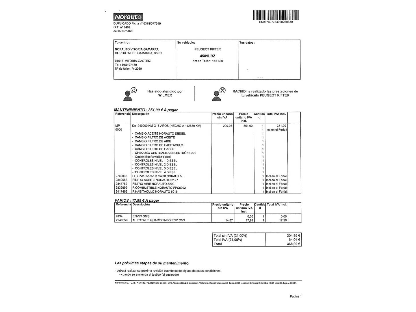 Foto del mantenimiento del Peugeot Rifter Peugeot Rifter BlueHDi 130 GT Line Standard (130 CV)