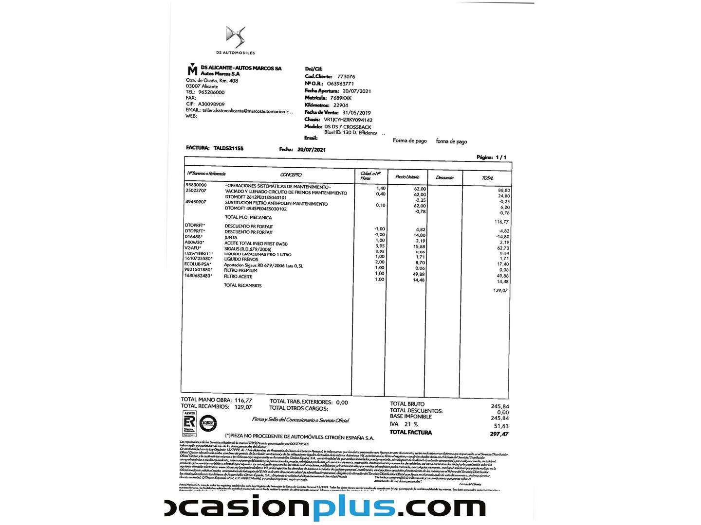 Foto del mantenimiento del DS DS 7 Crossback DS DS7 Crossback BlueHDi 130 Performance Line Auto (130 CV)