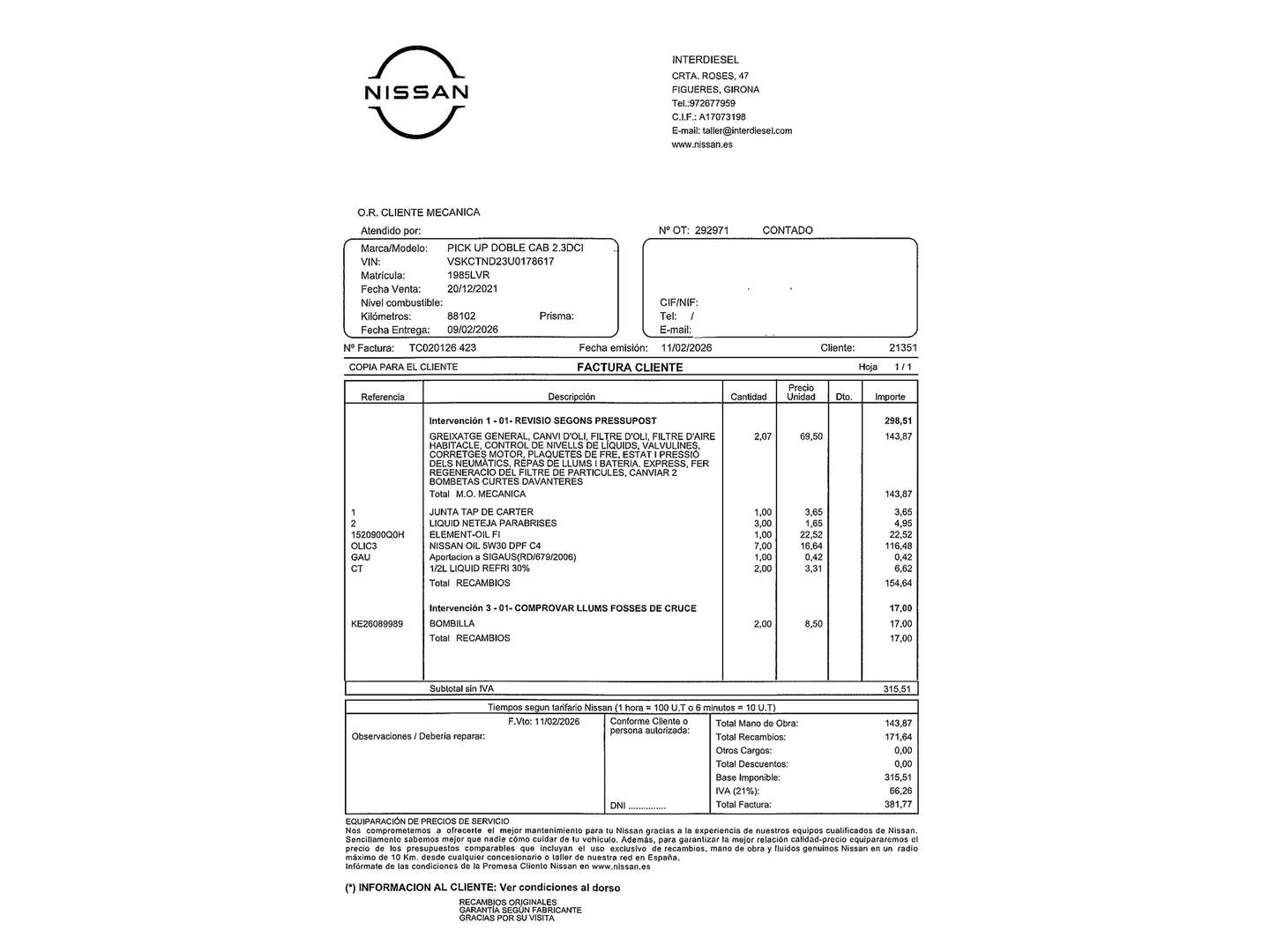 Foto del mantenimiento del Nissan Navara Nissan Navara PickUp 2.3 dCi Doble Cabina Visia BDif (163 CV)