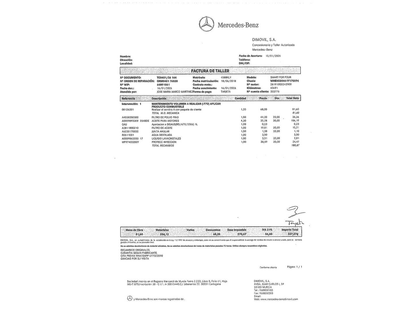 Foto del mantenimiento del Smart forfour Smart ForFour 66 S&S (90 CV)