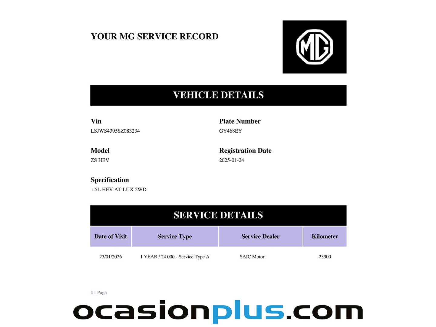Foto del mantenimiento del MG ZS MG ZS 1.5 Hybrid+ Luxury (197 CV)