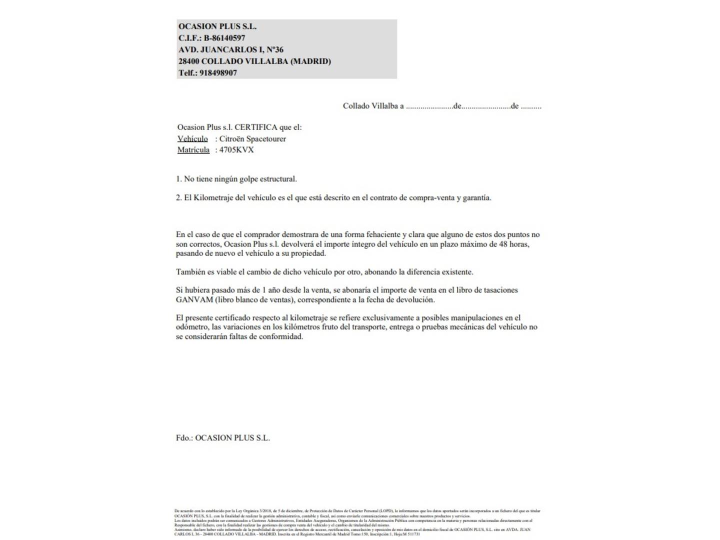 Foto del certificado del Citroën Spacetourer Citroën Spacetourer BlueHDi 150 S&S Feel Talla M 8 Plazas  (150 CV)