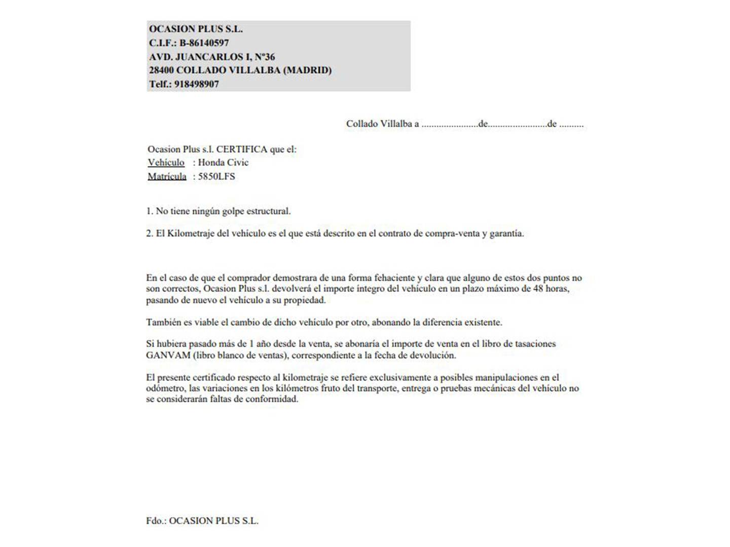 Foto del certificado del Honda Civic Honda Civic 1.0 I-VTEC TURBO Elegance Navi (126 CV)