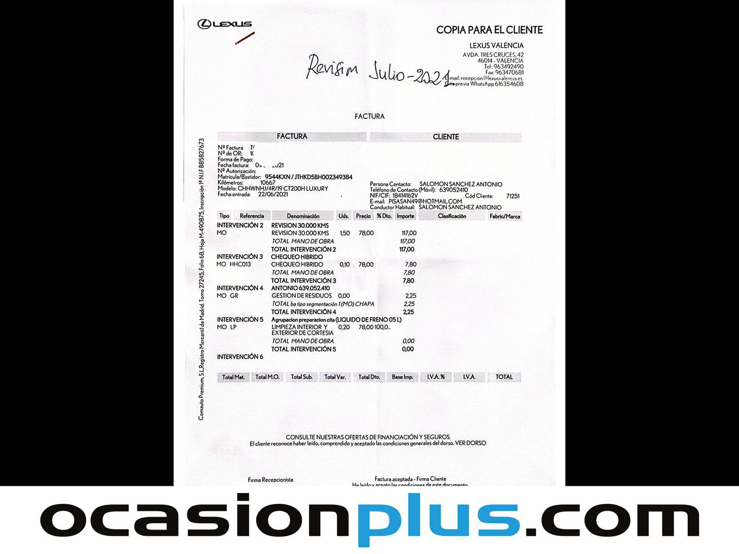 Foto del mantenimiento del Lexus CT Lexus CT 200h Luxury (136 CV)