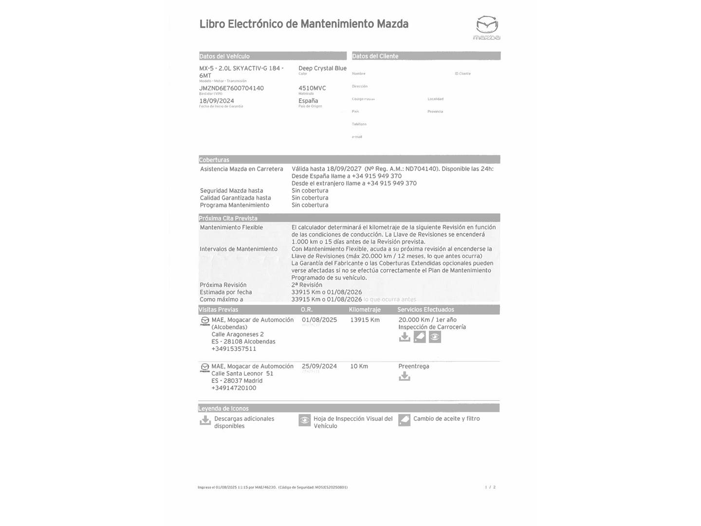 Foto del mantenimiento del Mazda MX-5 Mazda MX-5 2.0 SKYACTIV-G Kazari (184 CV)