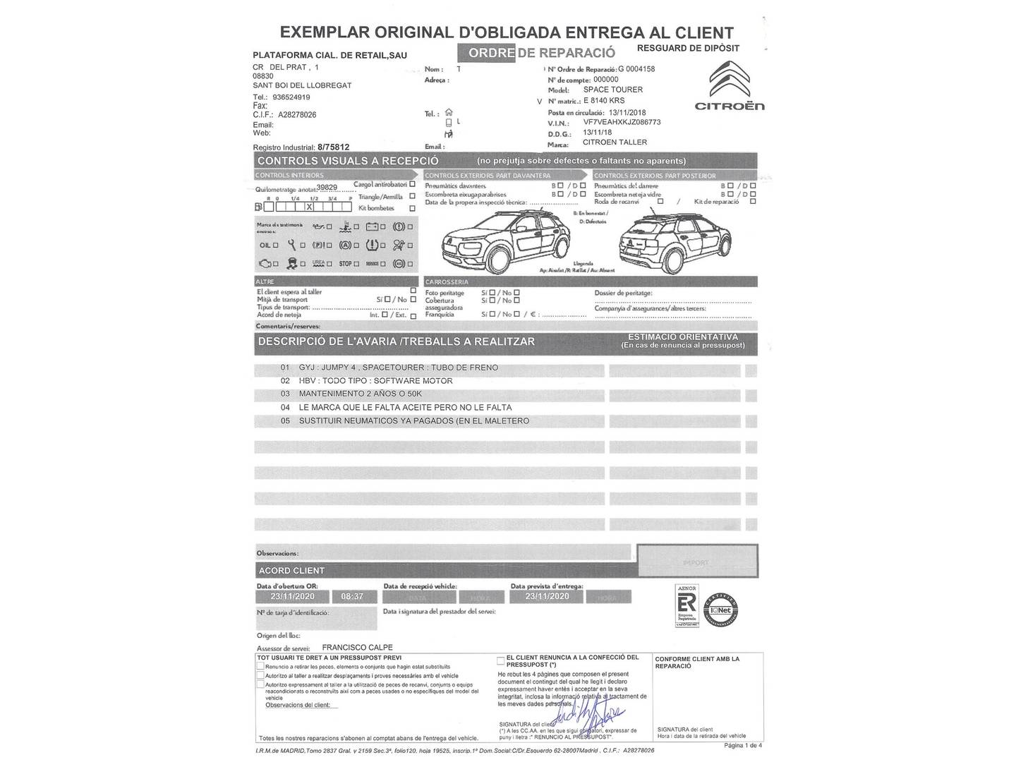 Foto del mantenimiento del Citroën Spacetourer Citroën Spacetourer BlueHDi 150 S&S Feel Talla M (150 CV) 8 plazas