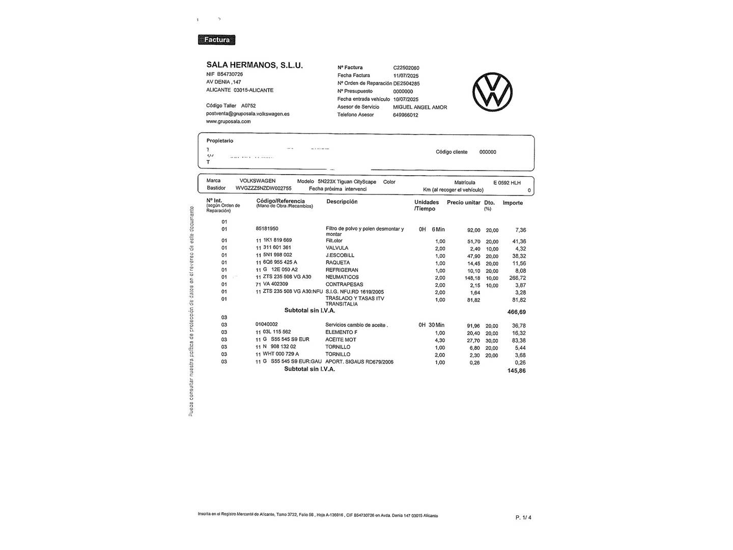 Foto del mantenimiento del Volkswagen Tiguan Volkswagen Tiguan T1 Sport 2.0 TDI BMT 4x2 (140 CV)
