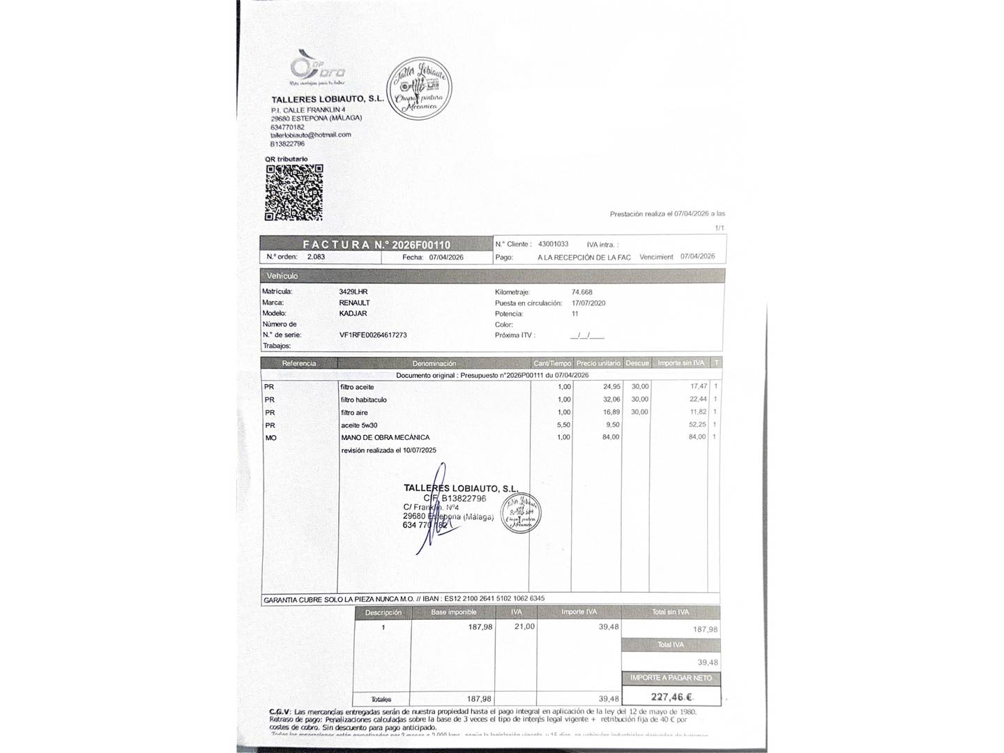 Foto del mantenimiento del Renault Kadjar Renault Kadjar Zen Blue dCi (115 CV)