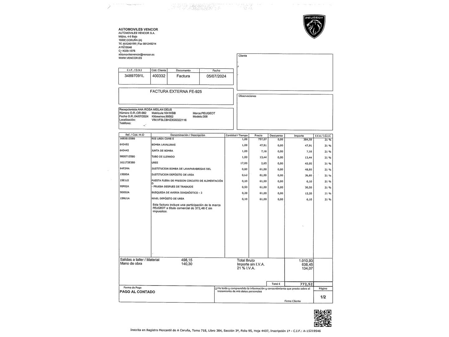 Foto del mantenimiento del Peugeot 308 Peugeot 308 SW BlueHDI 120 Allure (120 CV)