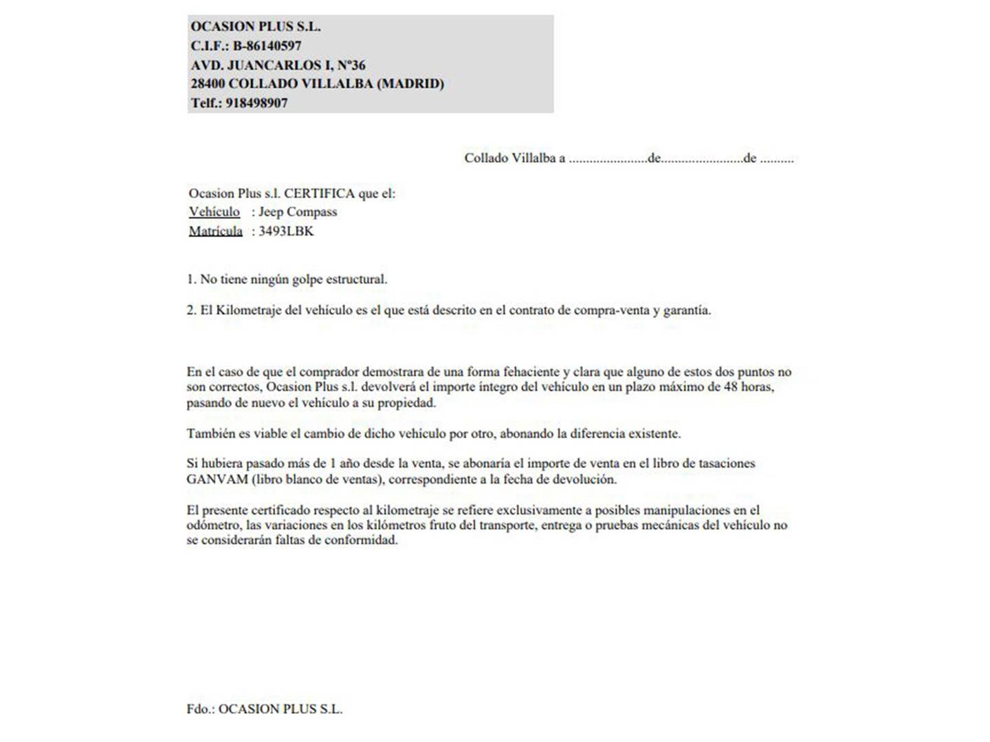 Foto del certificado del Jeep Compass Jeep Compass 1.4 Multiair Night Eagle 4x2 (140 CV)