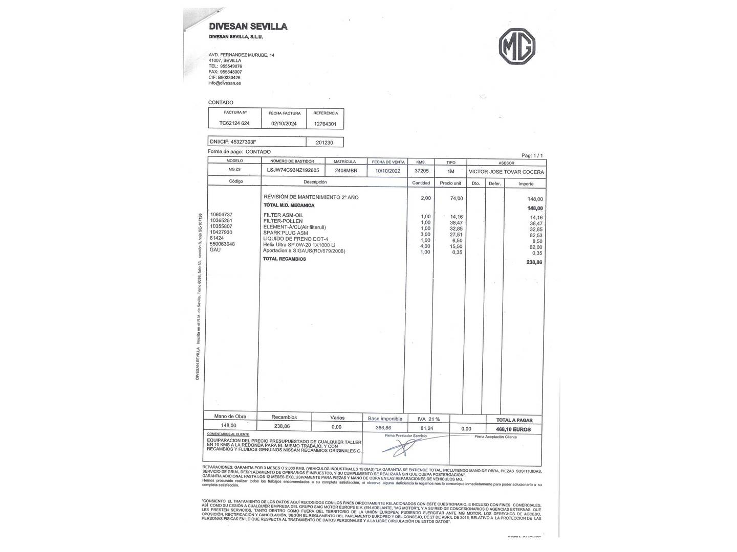 Foto del mantenimiento del MG ZS MG ZS 1.0T Luxury Auto (111 CV)
