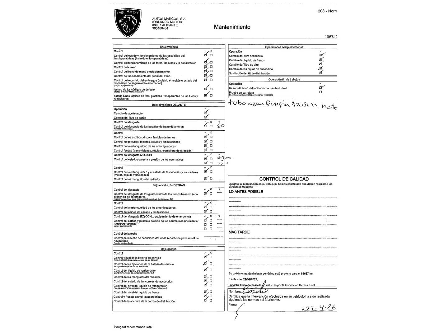 Foto del mantenimiento del Peugeot 208 Peugeot 208 1.2 PureTech Style (82 CV)