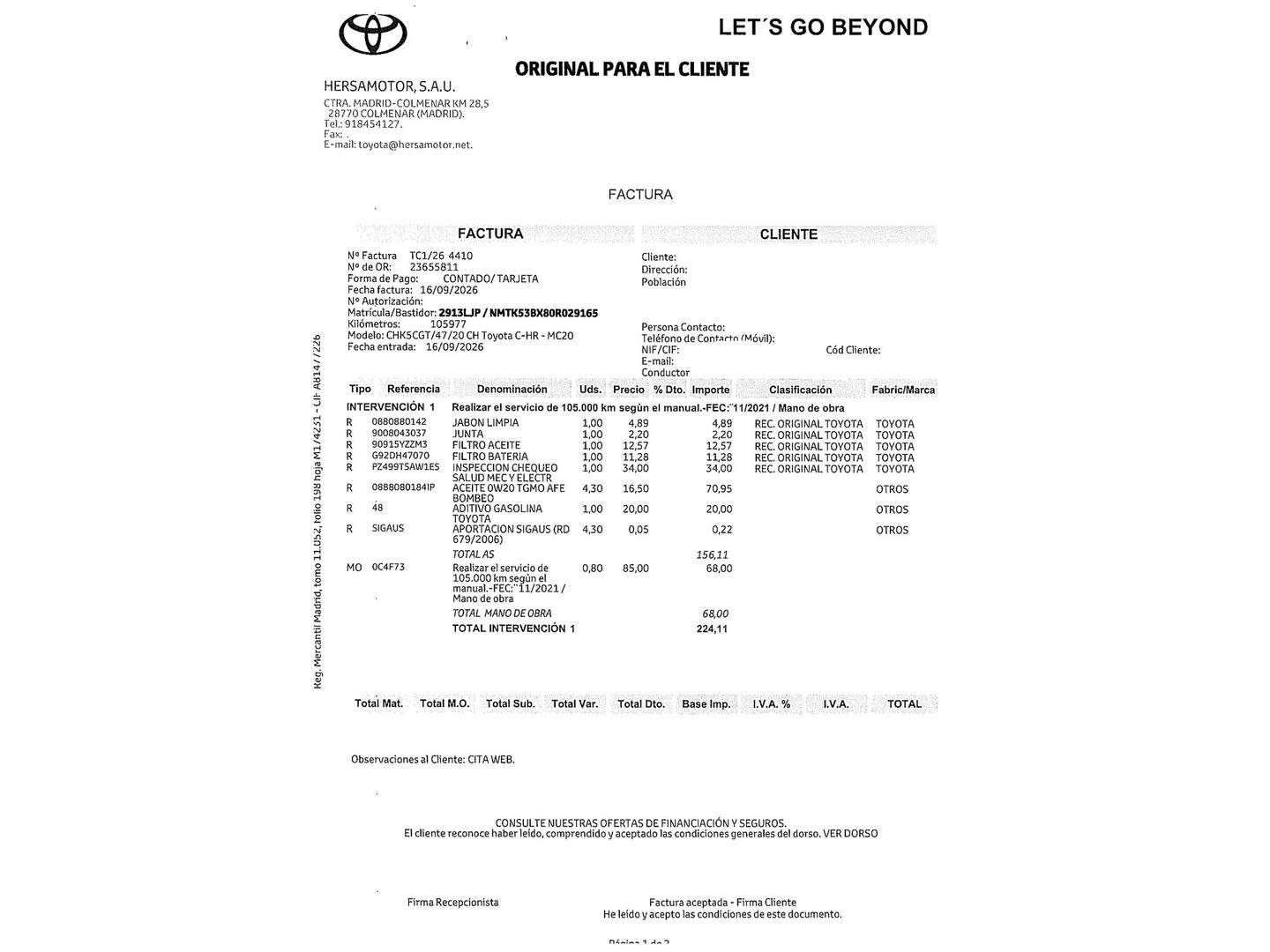 Foto del mantenimiento del Toyota C-HR Toyota C-HR 2.0 180H Dynamic (184 CV)