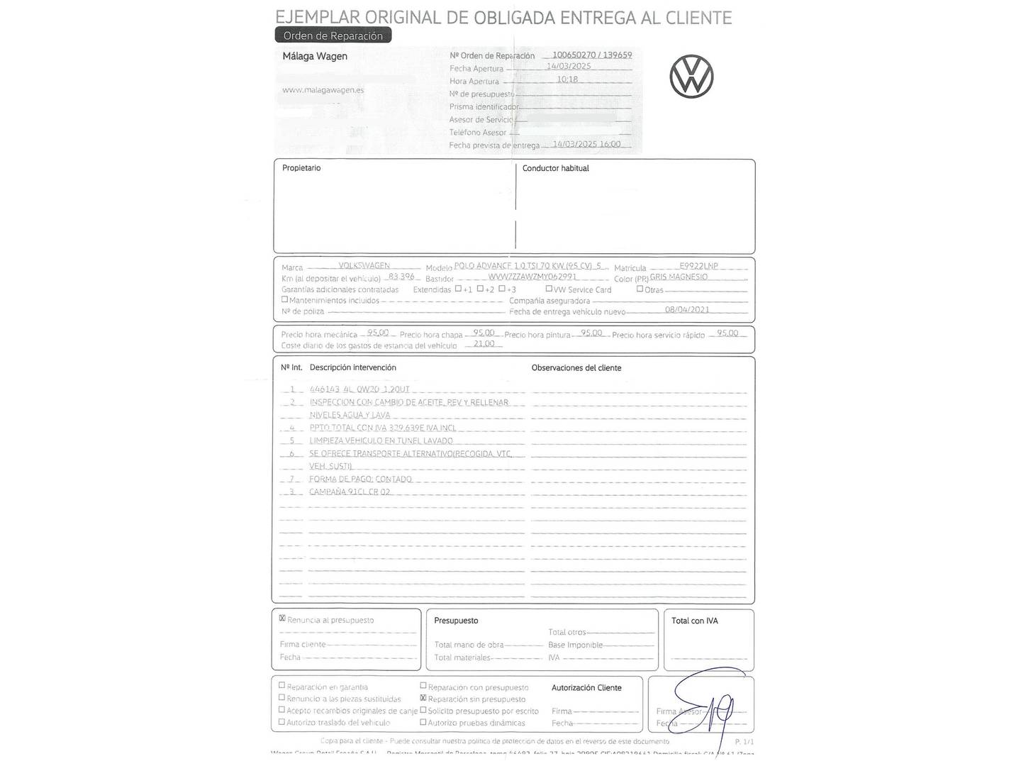 Foto del mantenimiento del Volkswagen Polo Volkswagen Polo Advance 1.0 TSI (95 CV)