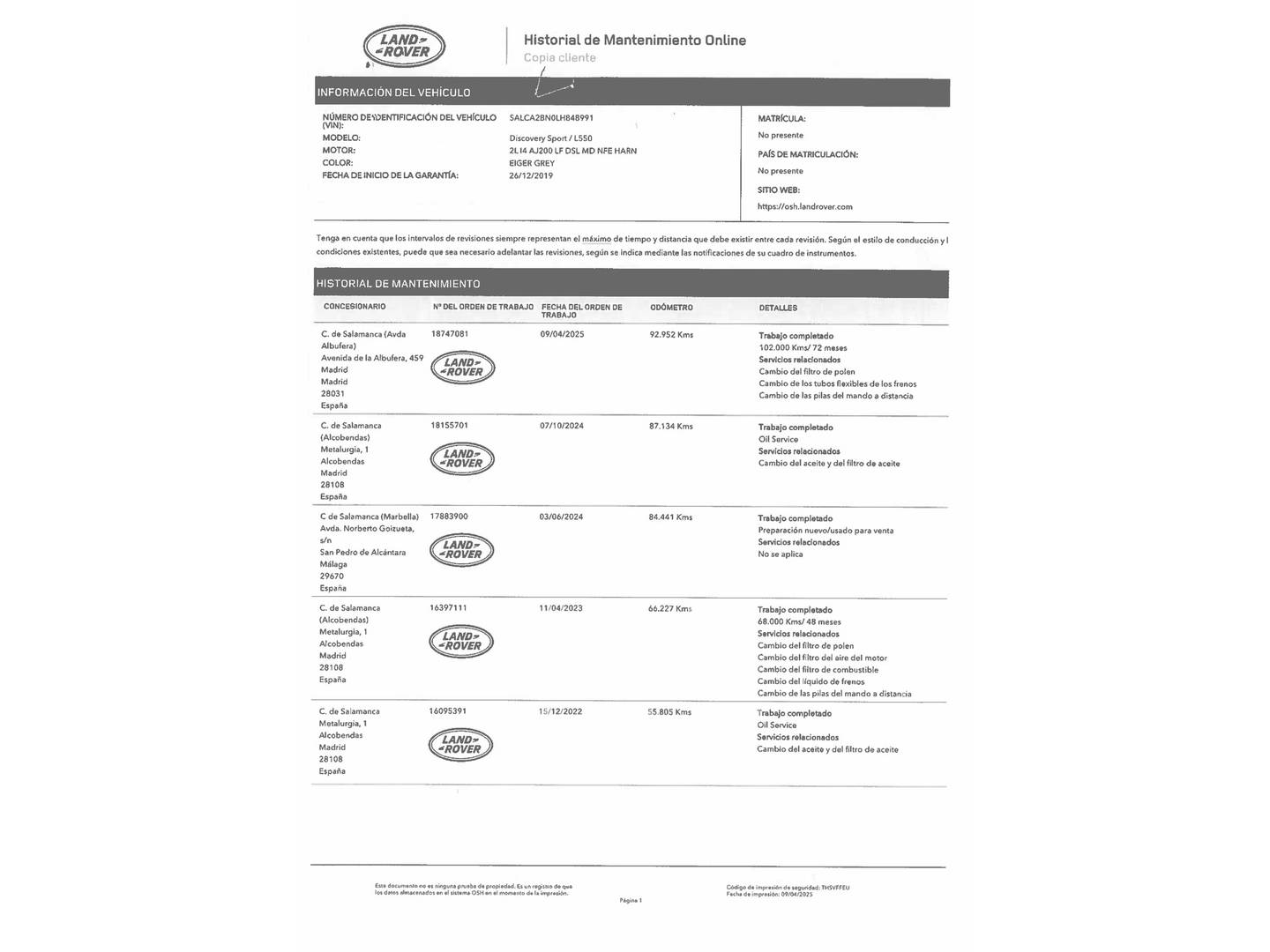 Foto del mantenimiento del Land Rover Discovery Sport Land Rover Discovery Sport 2.0D I4 S AWD Auto (150 CV)