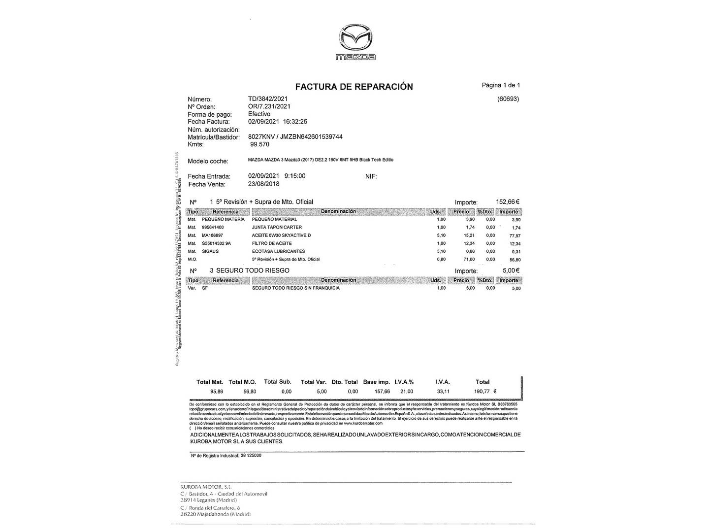 Foto del mantenimiento del Mazda Mazda3 Mazda Mazda 3 2.2 DE MT Black Tech Edition (150 CV)