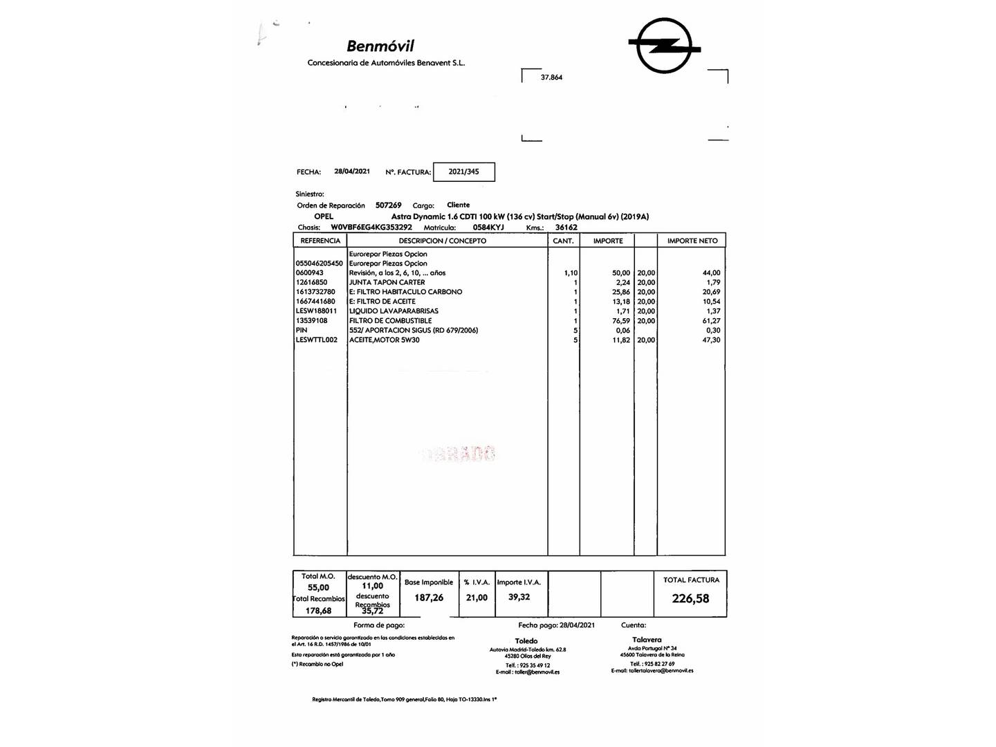 Foto del mantenimiento del Opel Astra Opel Astra 1.6 CDTi S&S Dynamic (136 CV)
