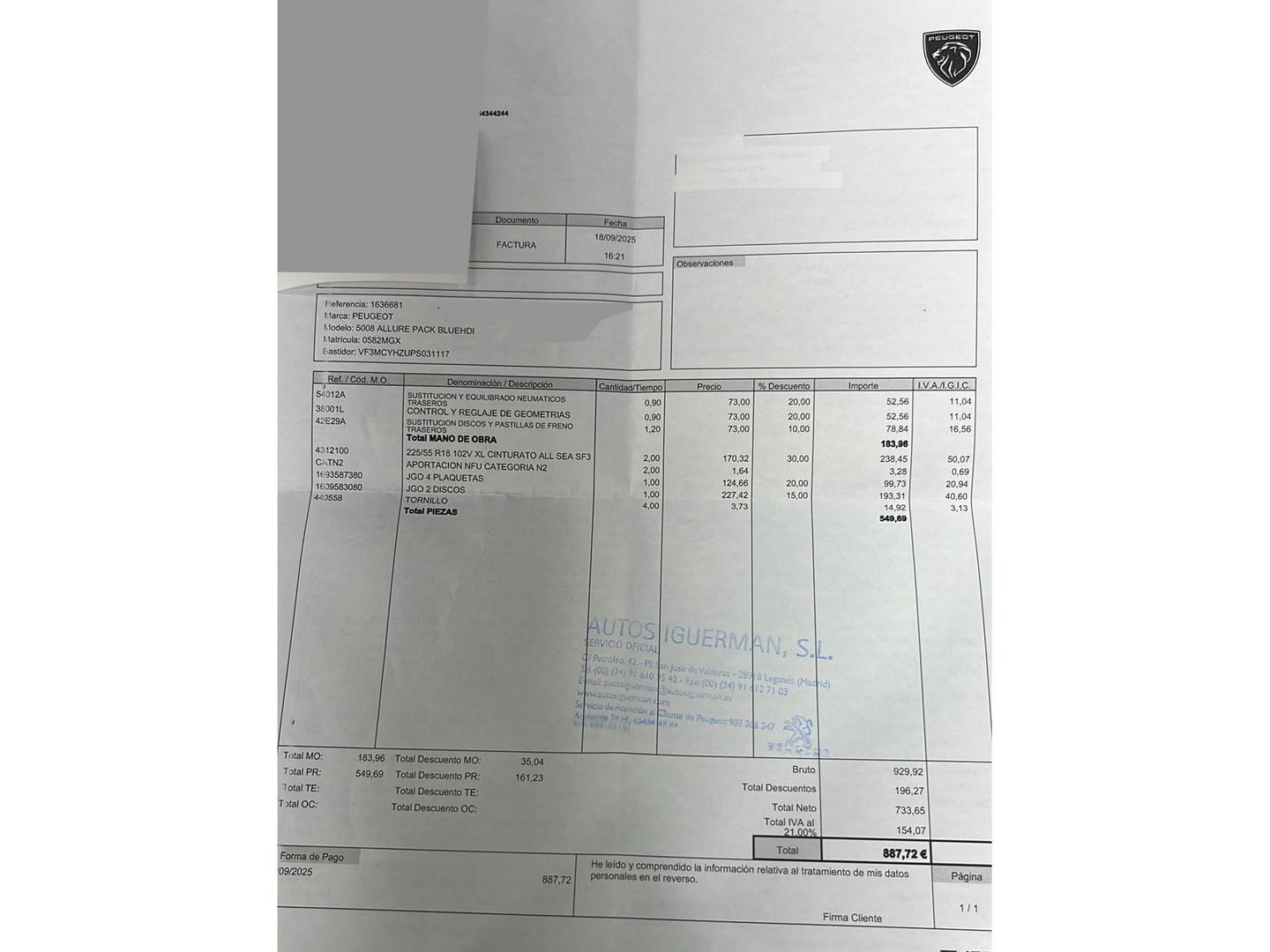 Foto del mantenimiento del Peugeot 5008 Peugeot 5008 BlueHDI 130 S&S Allure Pack EAT8 (130 CV) 7 Plazas