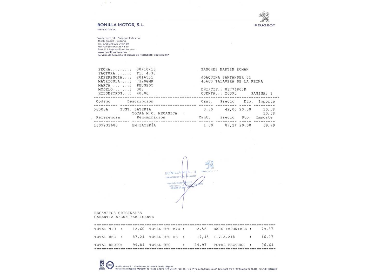 Foto del mantenimiento del Peugeot 308 PEUGEOT 308 1.4 VTi Confort (95 CV)
