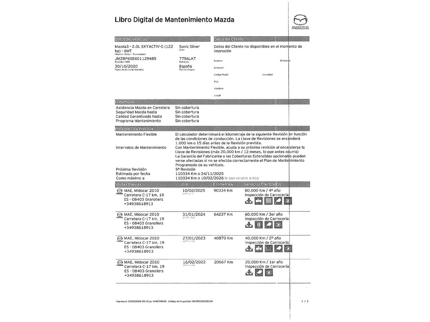 Foto del mantenimiento del Mazda Mazda3 Mazda Mazda 3 2.0 SKYACTIV-G Zenith (122 CV)