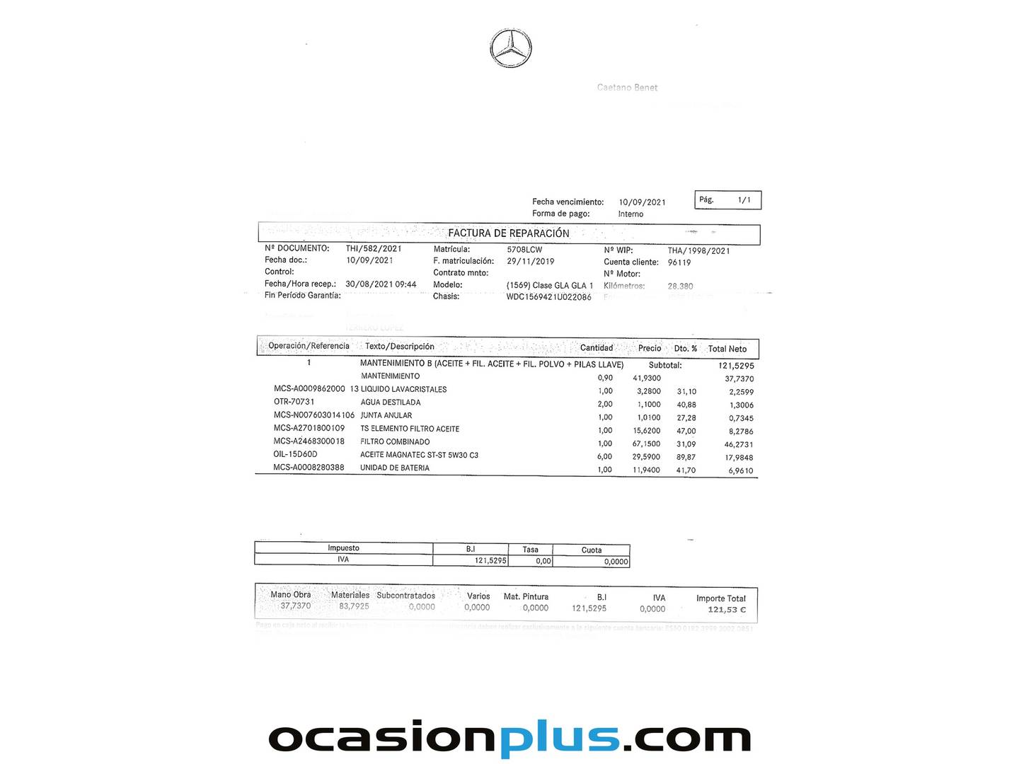 Foto del mantenimiento del Mercedes GLA Mercedes GLA 180 (122 CV) Pack AMG