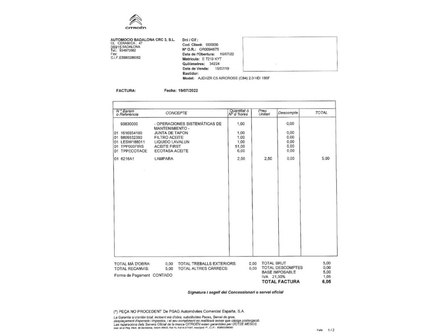 Foto del mantenimiento del Citroën C5 Aircross Citroën C5 Aircross BlueHdi 180 S&S Shine EAT8 (177 CV)