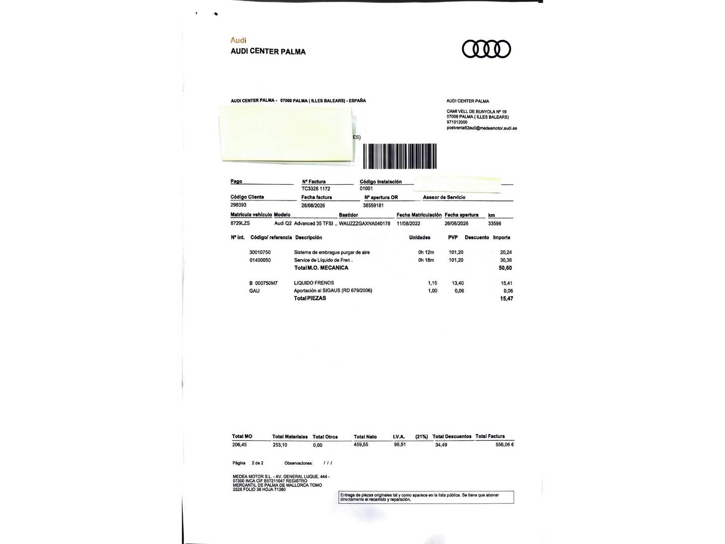 Foto del mantenimiento del Audi Q2 Audi Q2 Advanced 35 TFSI (150 CV)
