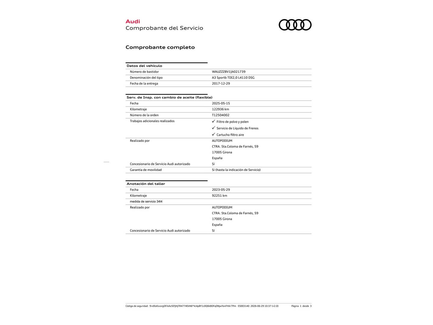 Foto del mantenimiento del Audi A3 Audi A3 Sportback S line edition 2.0 TDI (150 CV) S tronic