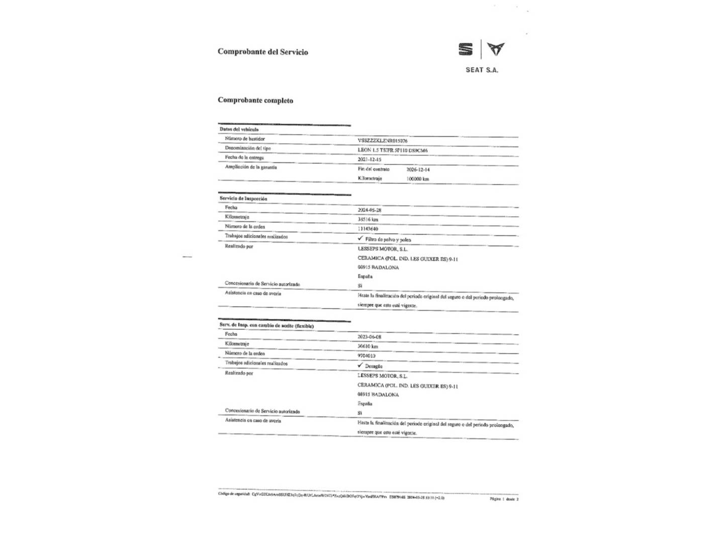 Foto del mantenimiento del Seat León Seat León 1.5 TSI S&S FR Go L (150 CV)