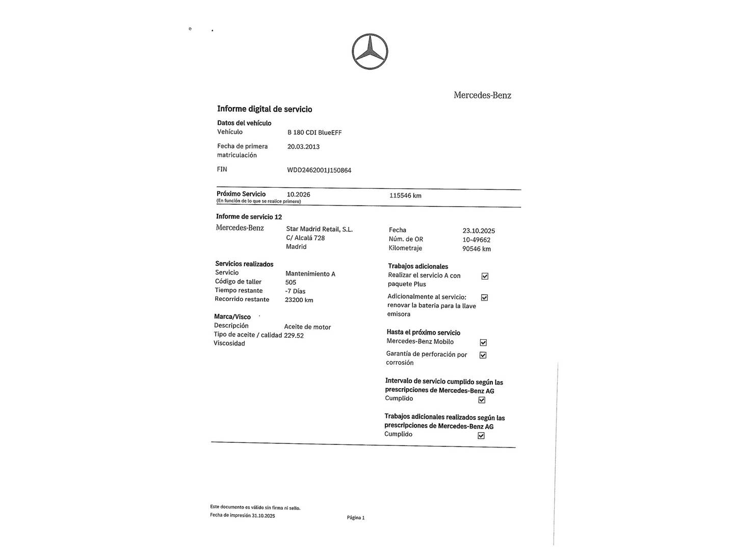 Foto del mantenimiento del Mercedes Clase B Mercedes Clase B B 180 CDI Blue Efficiency (109 CV)