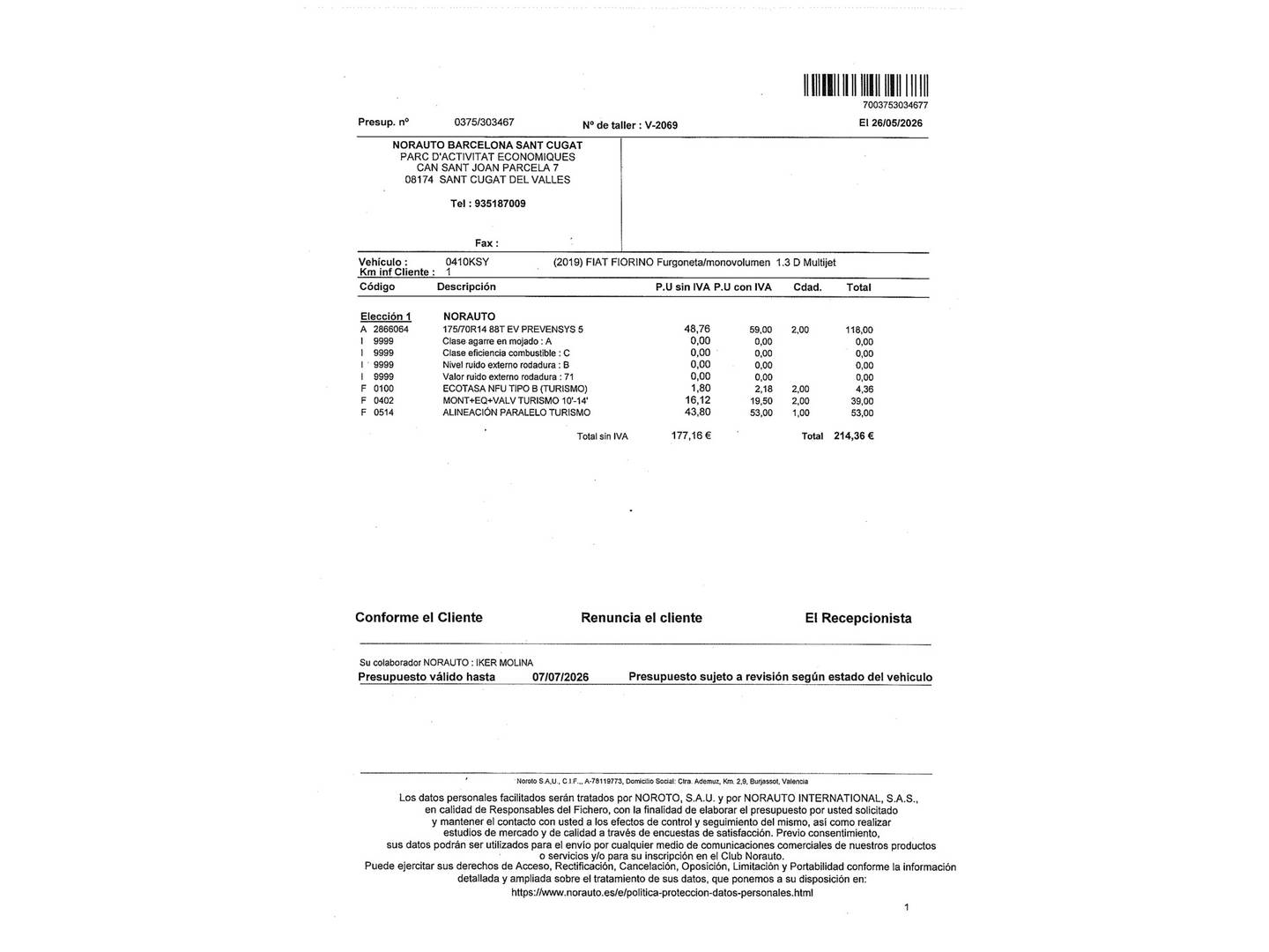 Foto del mantenimiento del Fiat Fiorino Fiat Fiorino Cargo Furgon 1.3 Multijet Base (80 CV)