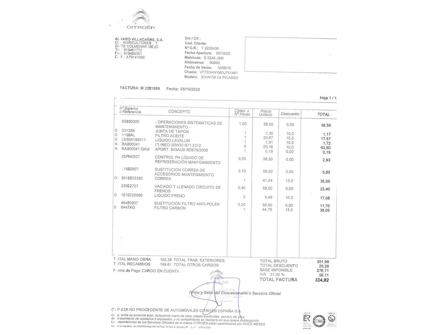 Foto del mantenimiento del Citroën C4 Picasso Citroën C4 Picasso PureTech 130 S&S Feel (130 CV)