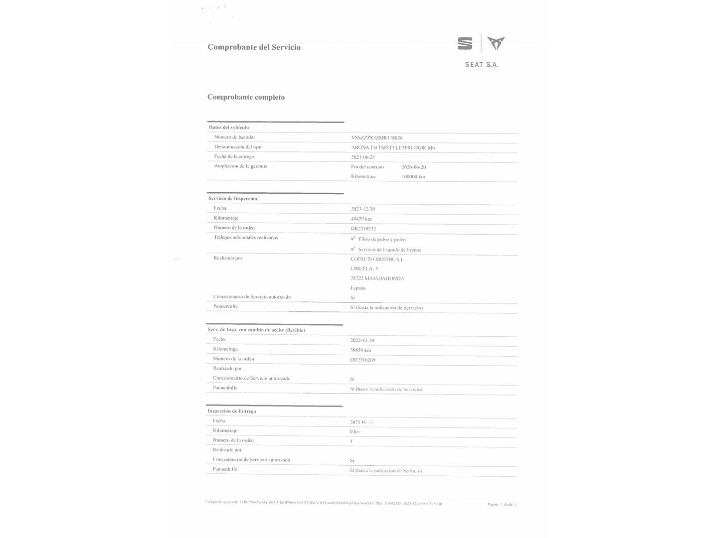 Foto del mantenimiento del Seat Arona Seat Arona 1.0 TSI Style Go2 (110 CV)