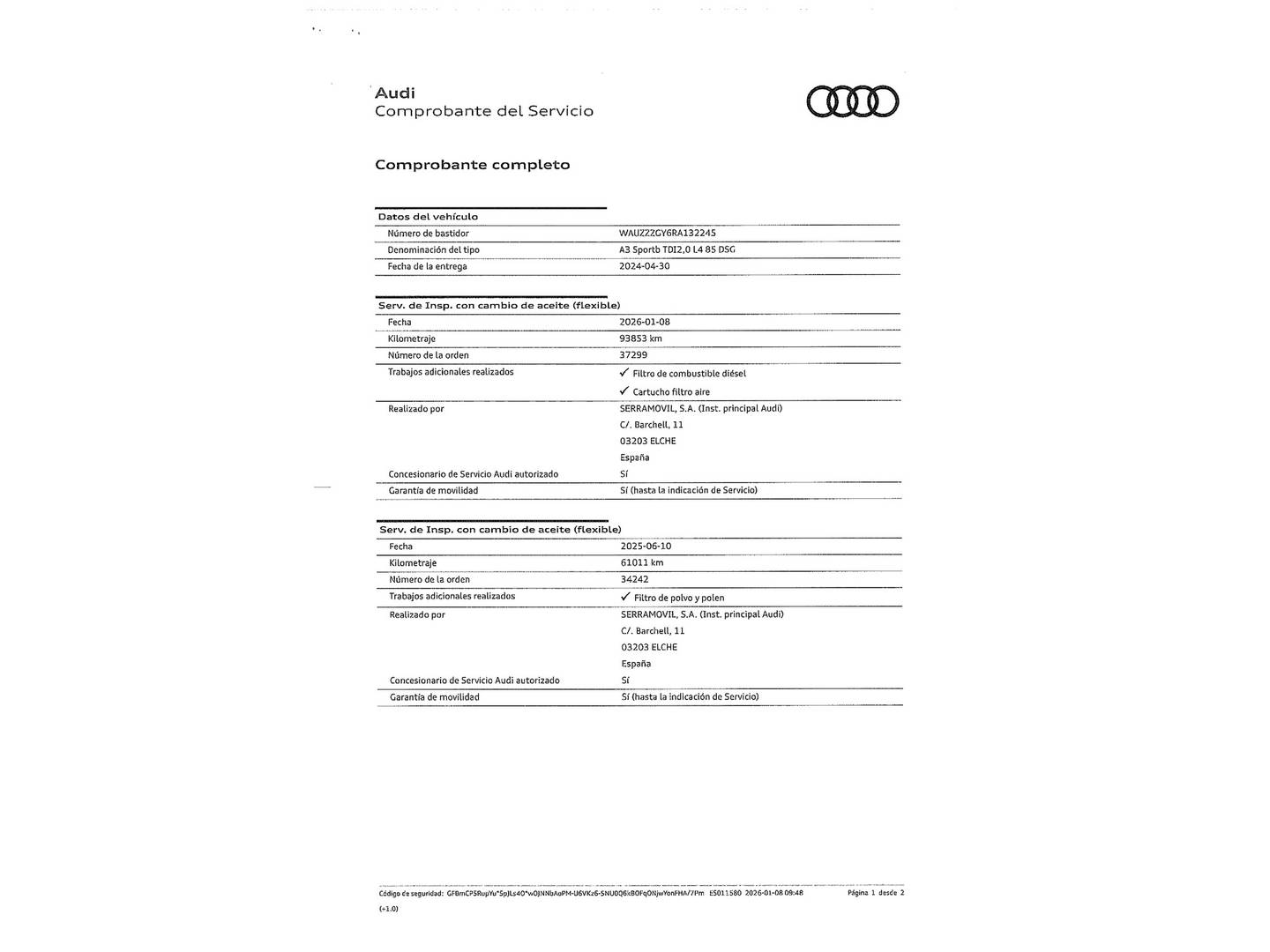 Foto del mantenimiento del Audi A3 Audi A3 Sportback 30 TDI (116 CV) S tronic