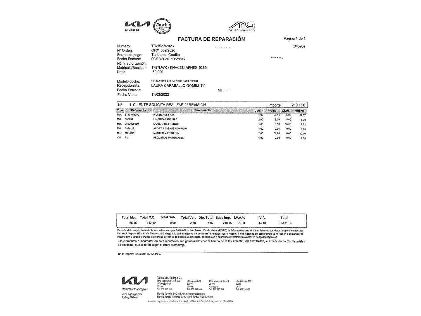 Foto del mantenimiento del KIA EV6 KIA EV6 Air 77kWh (Long Range) RWD (229 CV)