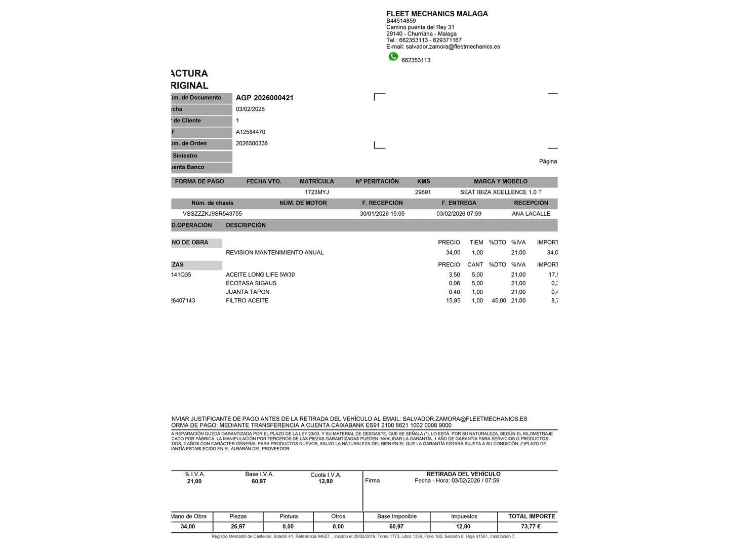 Foto del mantenimiento del Seat Ibiza Seat Ibiza 1.0 TSI S&S Xcellence (115 CV)