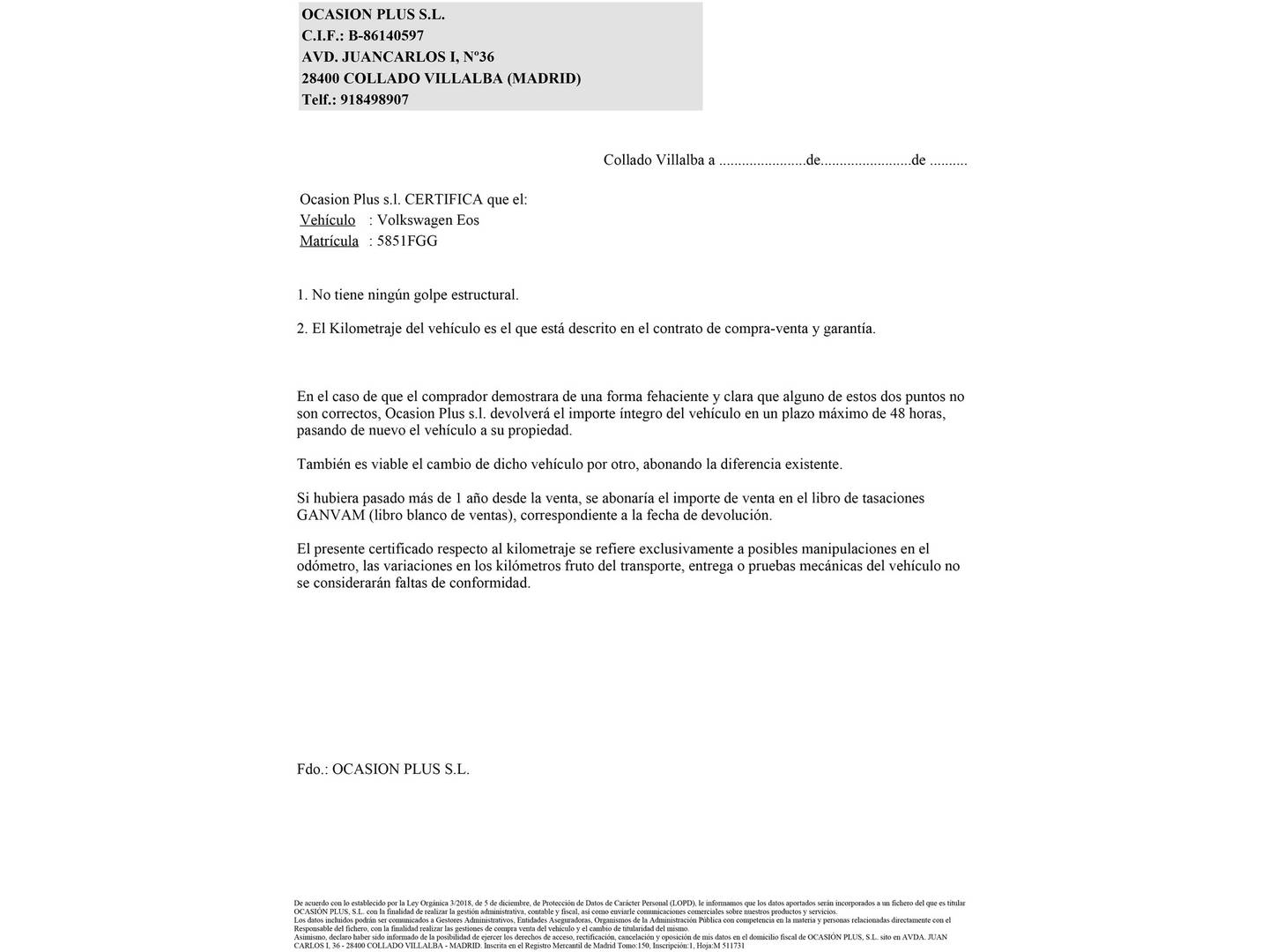 Foto del certificado del Volkswagen Eos Volkswagen Eos 2.0 T FSI (200 CV)