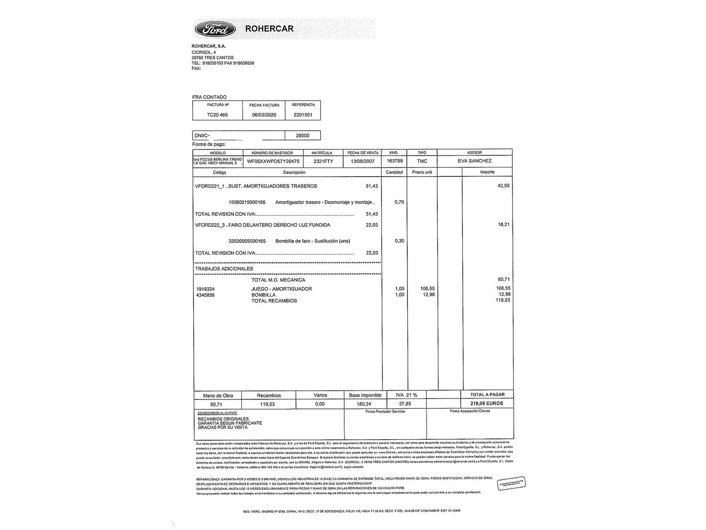 Foto del mantenimiento del Ford Focus Ford Focus 1.6 Trend (100 CV)