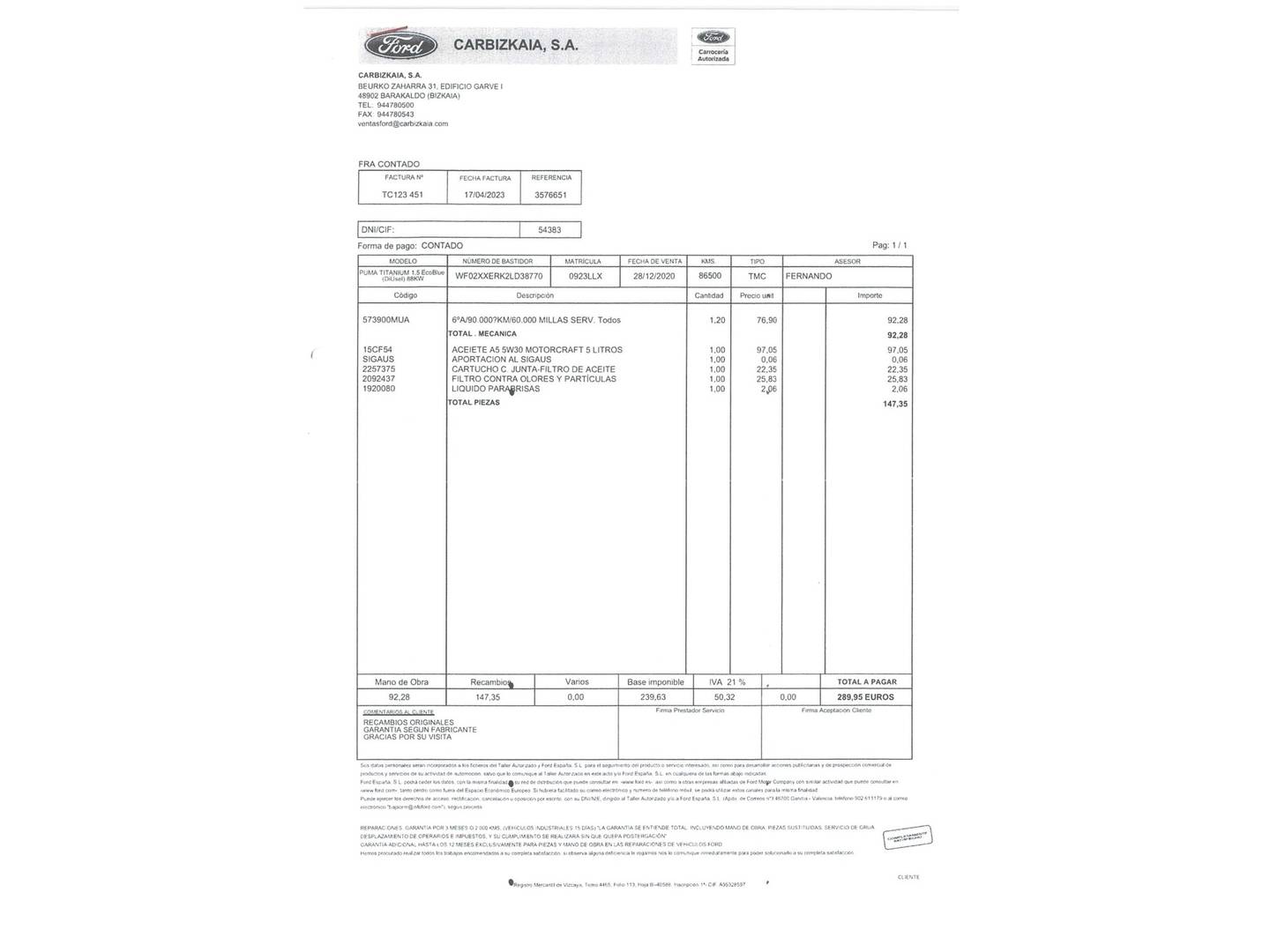 Foto del mantenimiento del Ford Puma Ford Puma 1.5 Ecoblue Titanium (120 CV)